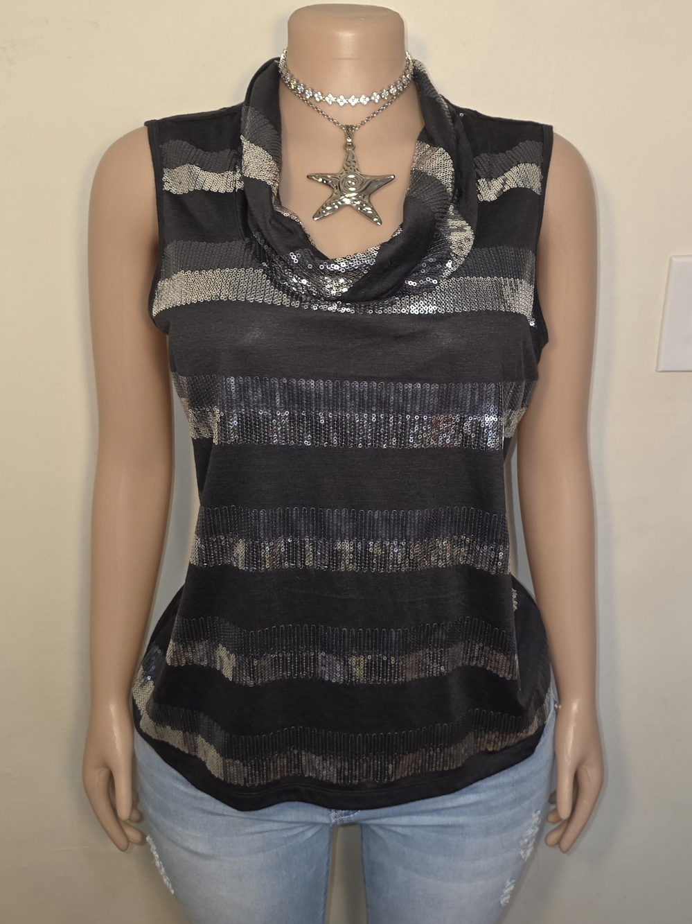 Laura Ashley Dark Grey & Silver Striped Cowl Neck Camisole